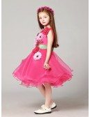 A Line Short Fuchsia Organza Pageant Dress with Hand-made Flowers