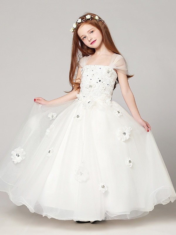 Long Ball Gown White Lace Beading Flower Girl Dress with Cap Sleeves # ...