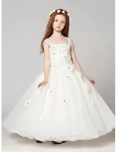 Long Ball Gown White Lace Beading Flower Girl Dress with Cap Sleeves