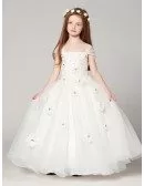 Long Ball Gown White Lace Beading Flower Girl Dress with Cap Sleeves
