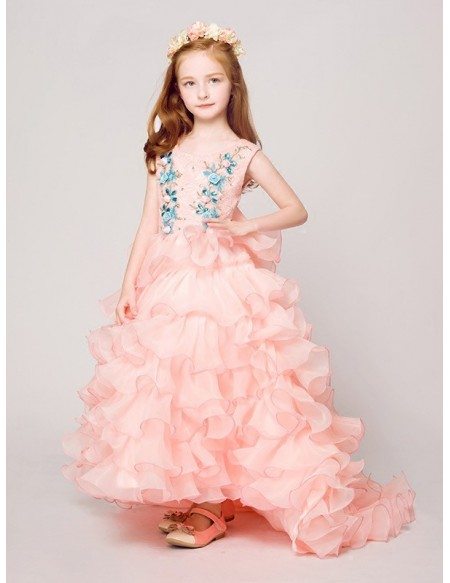 Cascading Sweep Train Lace Pink Flower Girl Dress with Blue Floral