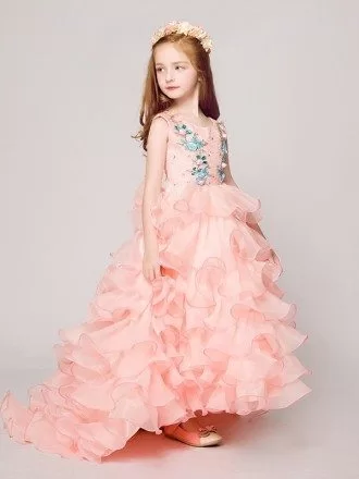 Cascading Sweep Train Lace Pink Flower Girl Dress with Blue Floral