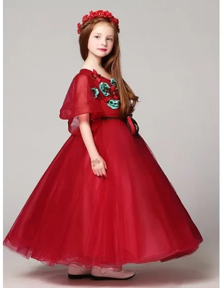 Puffy Sleeves Ball Gown Red Tulle Pageant Dress with Handmade Flowers