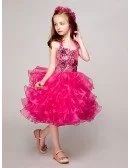 Fuchsia Short Ruffled Organza Halter Pageant Dress with Crystals