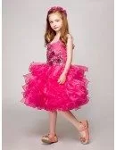 Fuchsia Short Ruffled Organza Halter Pageant Dress with Crystals