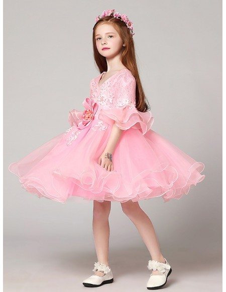 Sweetheart Short Pink Ball Gown Lace Beaded Flower Girl Dress with Sleeves