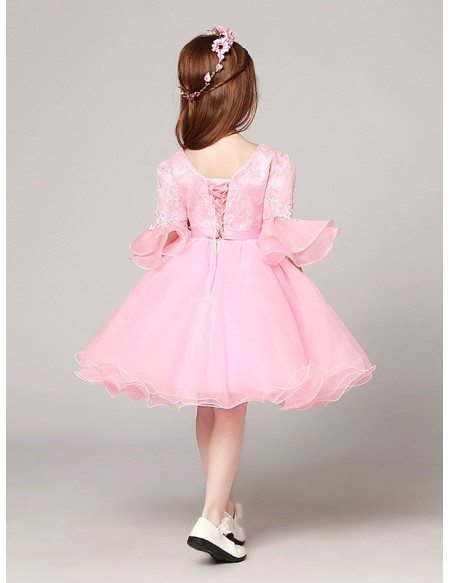 Sweetheart Short Pink Ball Gown Lace Beaded Flower Girl Dress with Sleeves