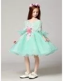 Ball Gown Sweetheart Blue Short Lace Beaded Pageant Dress with Sleeves