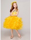 Shining Yellow Ruffled Short Ballroom Flower Girl Dress with Crystals