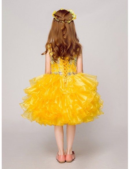 Shining Yellow Ruffled Short Ballroom Flower Girl Dress with Crystals