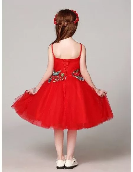 Red Short Ballroom Flower Girl Dress with Colorful Embroidery Floral