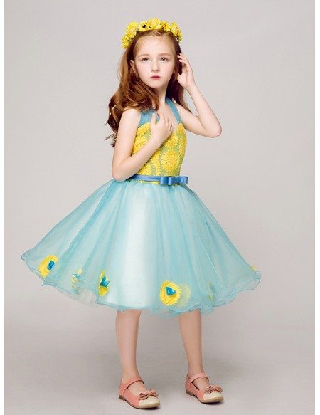 A Line Halter Short Blue Pageant Dress with Yellow Appliques
