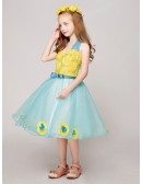 A Line Halter Short Blue Pageant Dress with Yellow Appliques