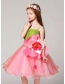Yellow green and Pink Short Ballroom Flower Pageant Dress with Spaghetti Straps