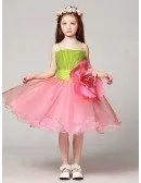 Yellow green and Pink Short Ballroom Flower Pageant Dress with Spaghetti Straps