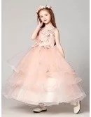 Ball Gown Long Ruffled Lace Pink Flower Girl Dress with Beading