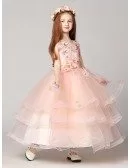 Ball Gown Long Ruffled Lace Pink Flower Girl Dress with Beading