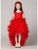 Cascading High Low Red Lace Flower Girl Dress with Beading