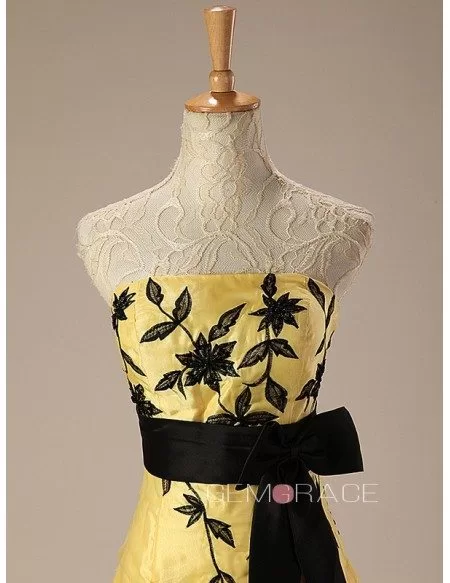 Black and Yellow Strapless Embroidered Wedding Dress with Sash