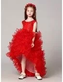 Cascading High Low Red Lace Flower Girl Dress with Beading