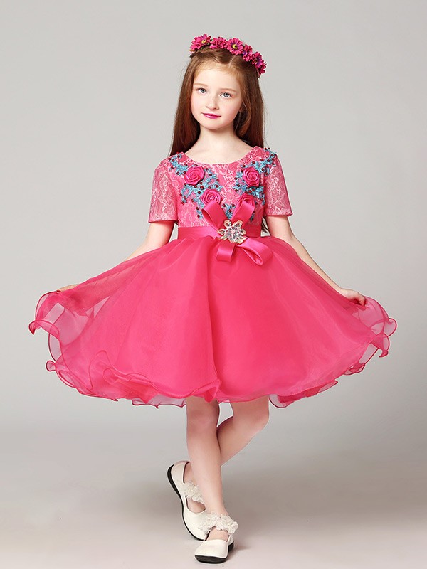 Short Sleeves Lace Pink Pageant Dress with Blue Flowers #EFV26 ...