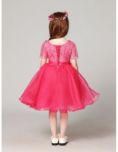 Short Sleeves Lace Pink Pageant Dress with Blue Flowers