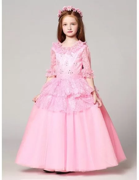 Long Sleeves Lace Pink Ball Gown Flower Girl Dress with Jacket