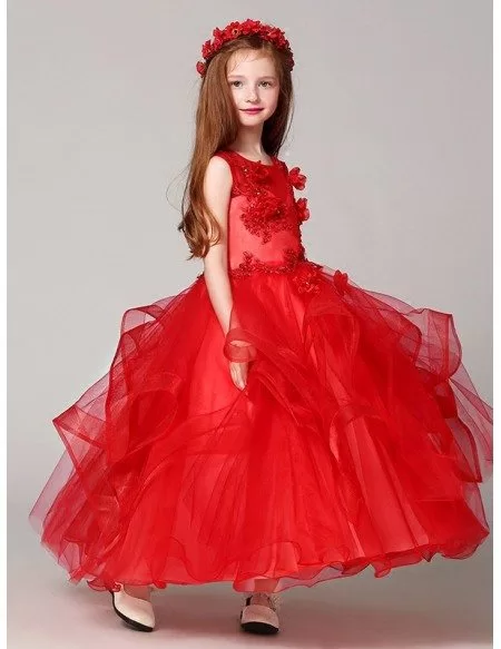 Long Ruffled Ball Gown Red Lace Flower Girl Dress with Beading #EFV29 ...