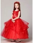 Long Ruffled Ball Gown Red Lace Flower Girl Dress with Beading