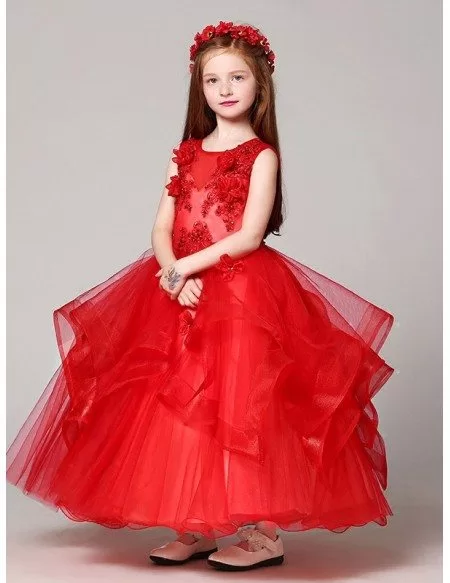 Long Ruffled Ball Gown Red Lace Flower Girl Dress with Beading #EFV29 ...