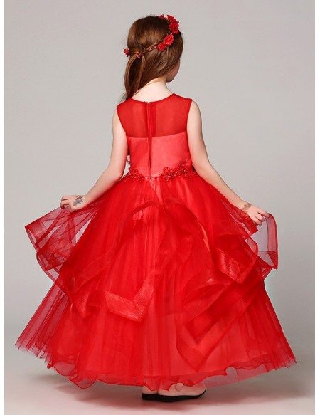 Long Ruffled Ball Gown Red Lace Flower Girl Dress with Beading