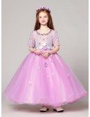 Fairy Long Ball Gown Lilac Lace Beading Flower Girl Dress with Sleeves