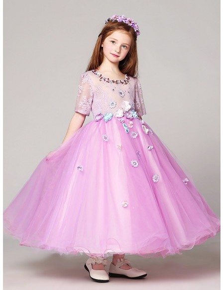 Fairy Long Ball Gown Lilac Lace Beading Flower Girl Dress with Sleeves