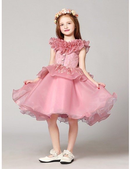 Short Ball Gown Lace Pink Flower Girl Dress with Ruffles Neckline # ...