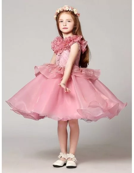 Short Ball Gown Lace Pink Flower Girl Dress with Ruffles Neckline # ...