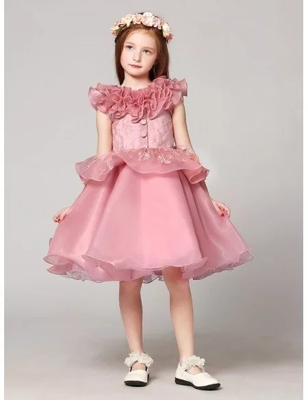 Short Ball Gown Lace Pink Flower Girl Dress with Ruffles Neckline # ...