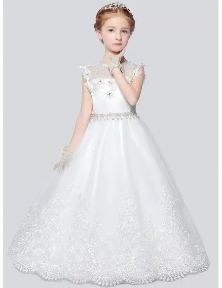Little Girl's Ball Gown Lace Pageant Dress with Rhinestone Waist