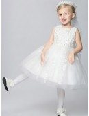 Ball Gown Lace Tulle White Short Flower Girl Dress with Beading