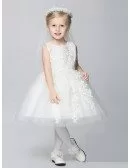 Ball Gown Lace Tulle White Short Flower Girl Dress with Beading