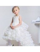Cascading Style Ballroom Lace Bow Pageant Dress with Pearls Neck