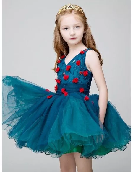 Little Girl's Sweetheart Blue Short Party Dress with Hand-made Flowers ...