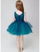 Little Girl's Sweetheart Blue Short Party Dress with Hand-made Flowers
