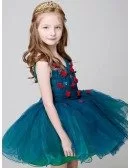 Little Girl's Sweetheart Blue Short Party Dress with Hand-made Flowers
