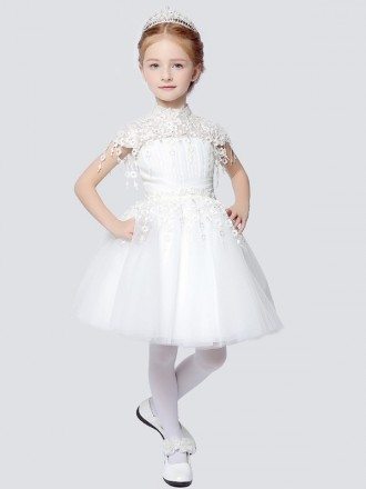 Little Girl's Modest Lace Tulle Collared Pageant Dress with Cap Sleeves