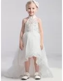 High Low Lace Halter White Pageant Dress with Bows Train