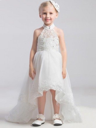 High Low Lace Halter White Pageant Dress with Bows Train