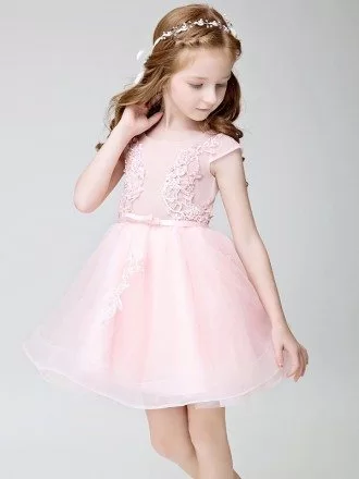 Cute Pink Cap Sleeves Tulle Lace Short Flower Girl Dress