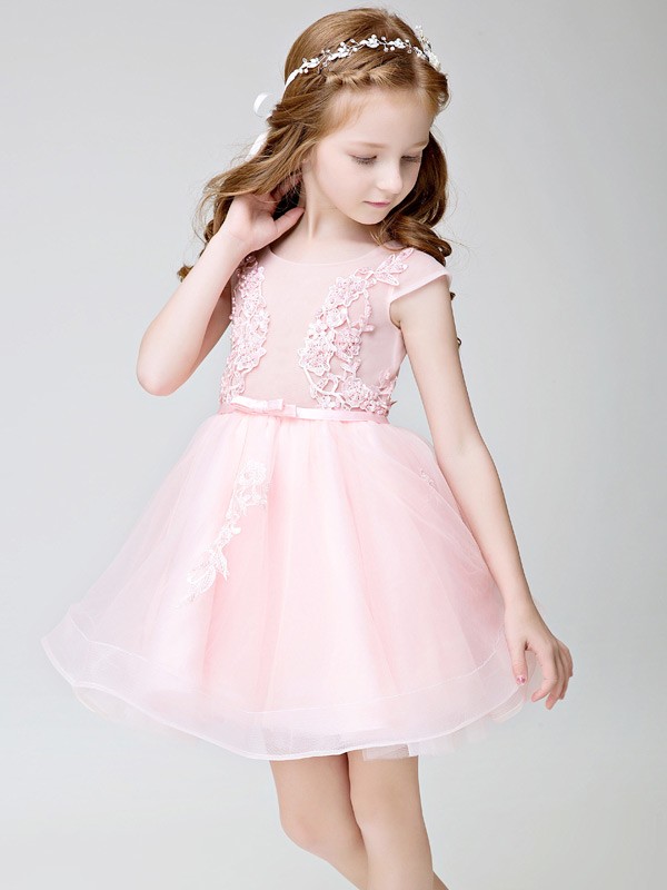 Cute Pink Cap Sleeves Tulle Lace Short Flower Girl Dress #EFF09 ...