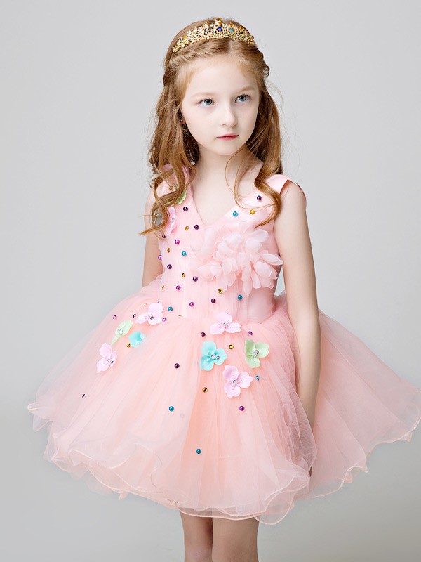 Cute Pink Short Tulle Tutu Flower Girl Dress with Beading #EFF10 ...