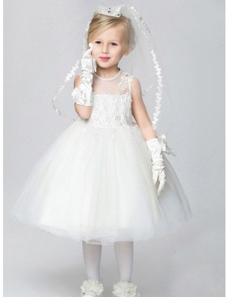 Pure White Lace Tulle Ball Gown Flower Girl Dress in Tea Length